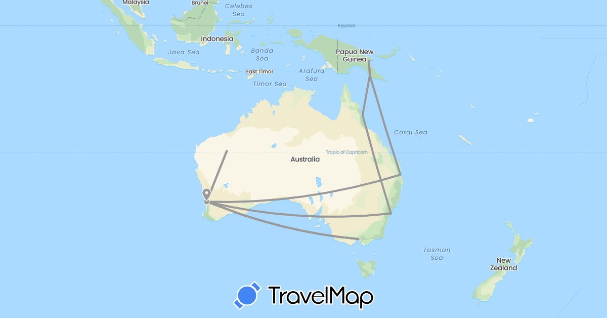 TravelMap itinerary: driving, plane in Australia, Papua New Guinea (Oceania)